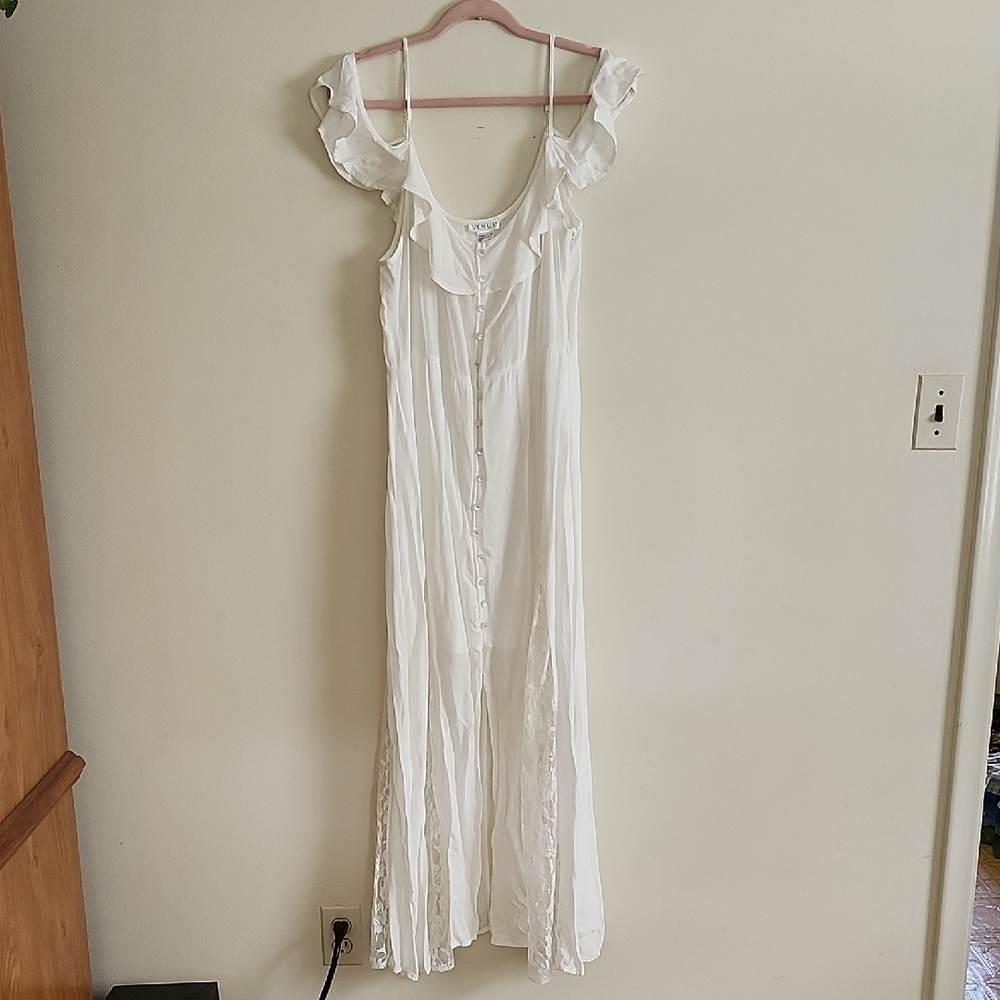 VENUS White Maxi Dress with Ruffle Cold Shoulder Straps Side Zip Coastal Cowgirl